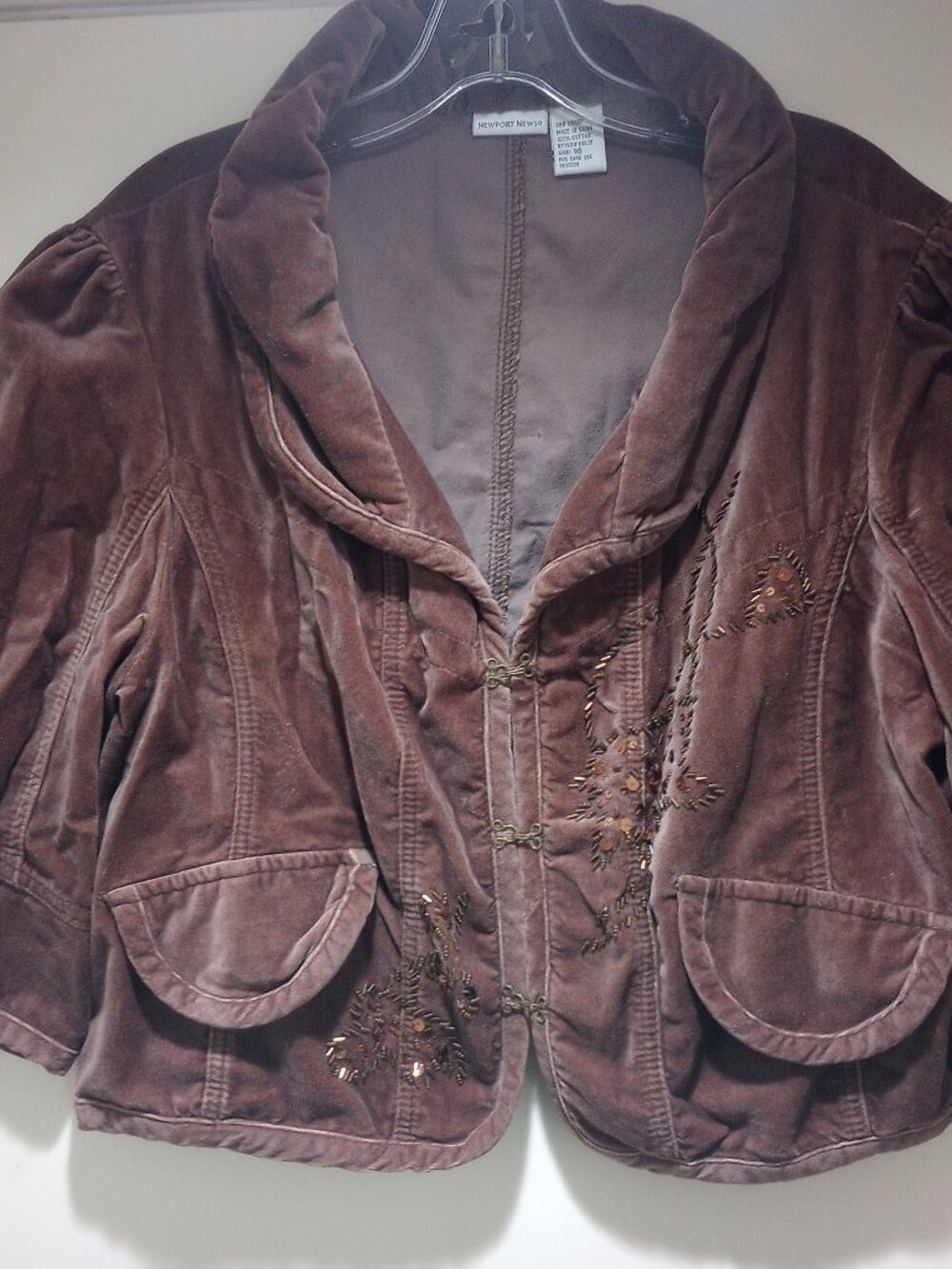 Newport News brown 100% cotton Velvet short embellished jacket 16 New